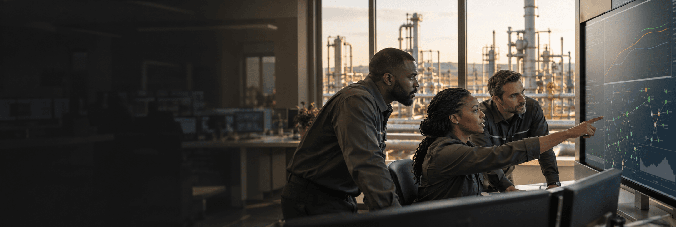 Illustrative scene of engineers reviewing production data in an operations room
