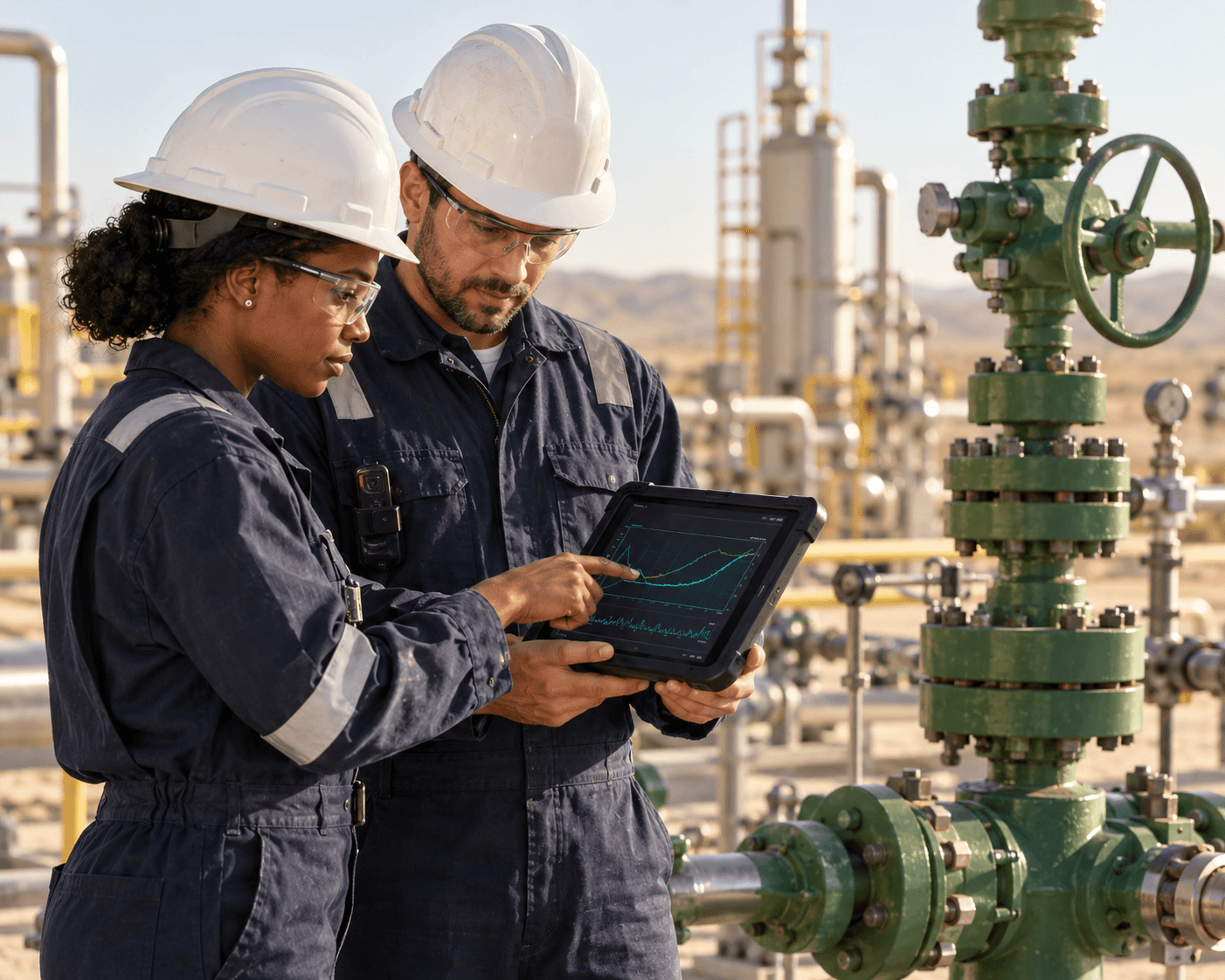 Illustrative scene of engineers examining well-performance data beside wellhead equipment