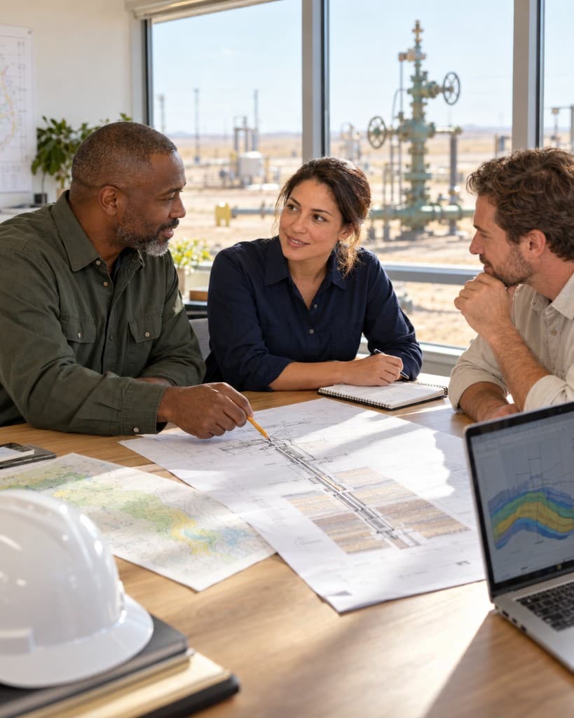 Illustrative scene of an engineering team reviewing field plans.