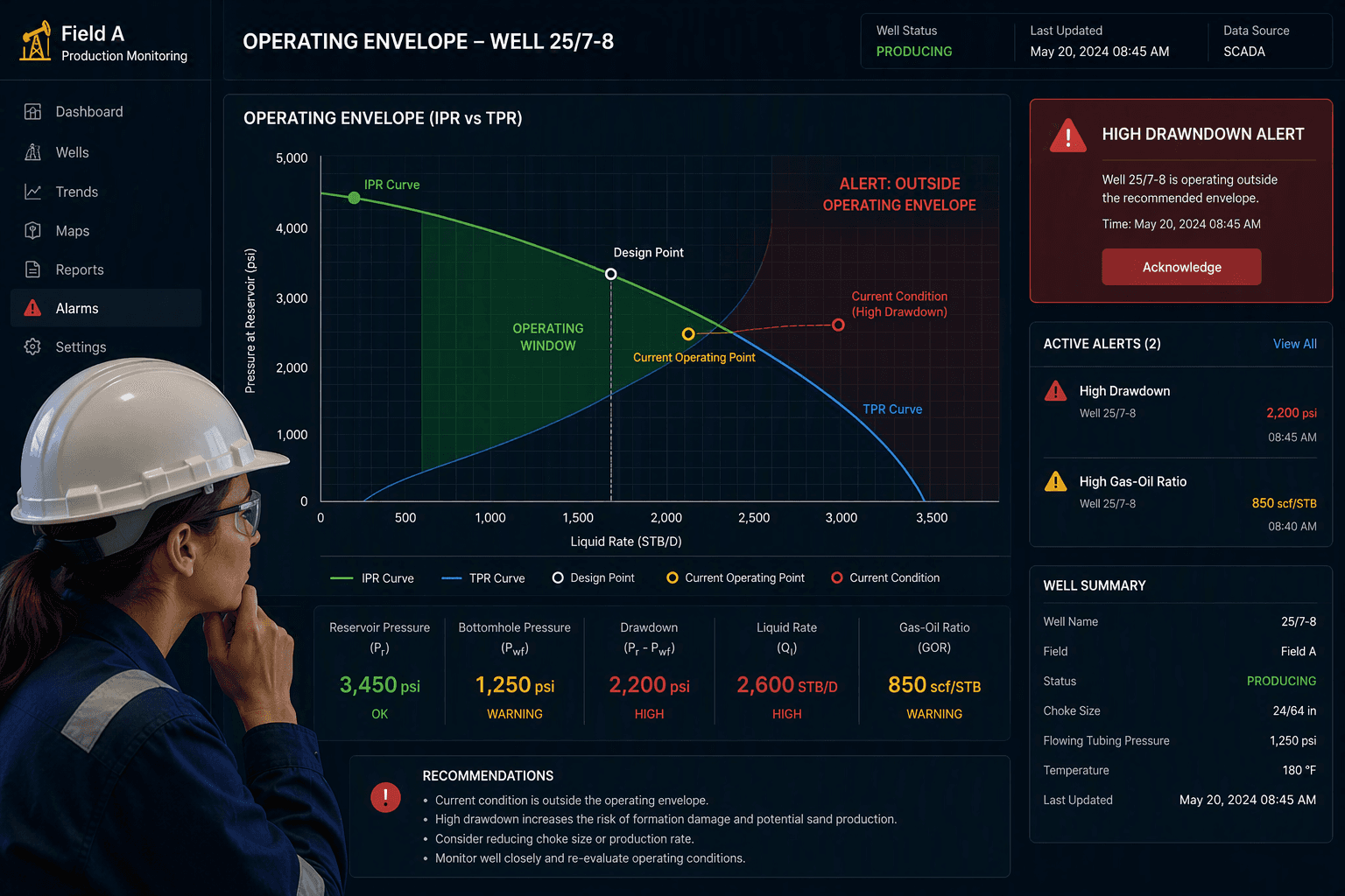 Operating envelope view used to illustrate well surveillance.